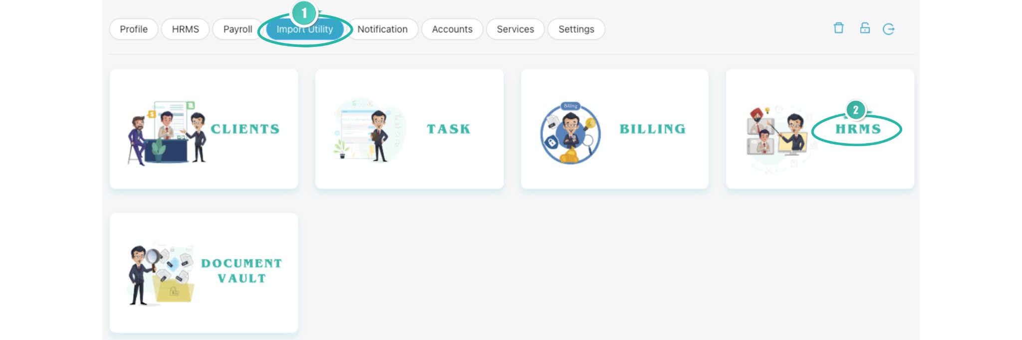 Profile screen with Import Utility tab and HRMS card highlighted