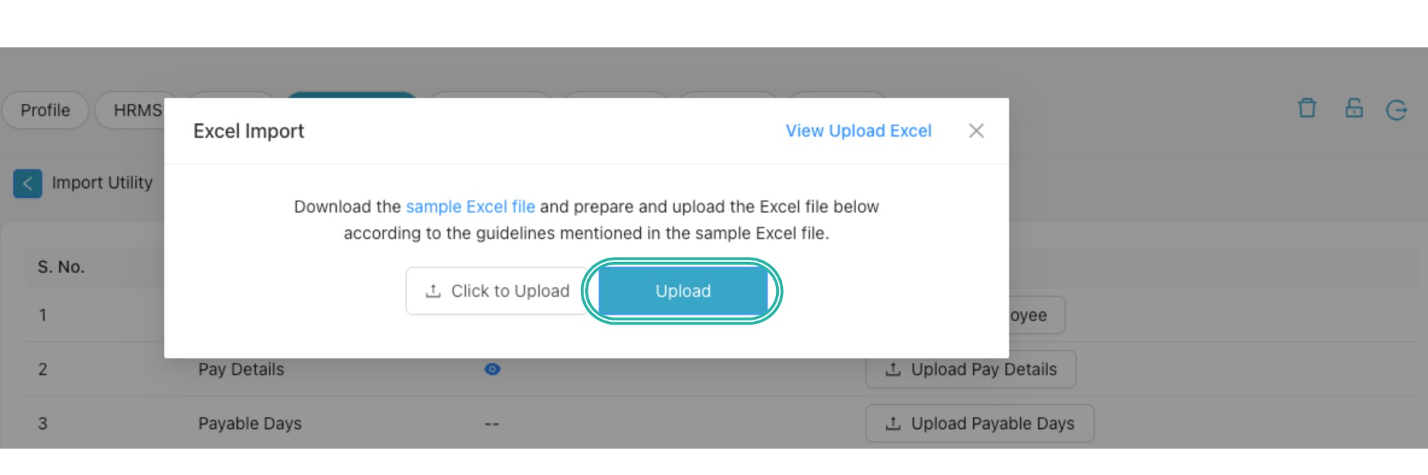 Excel Import modal with sample file link, Click to Upload and Upload button