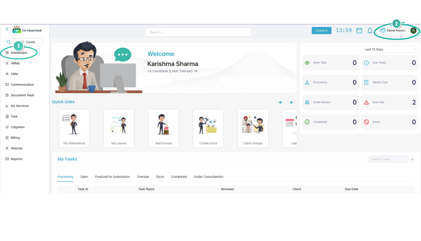 CA Cloud Desk dashboard with Dashboard selected and Profile setting (top right) for Pay details