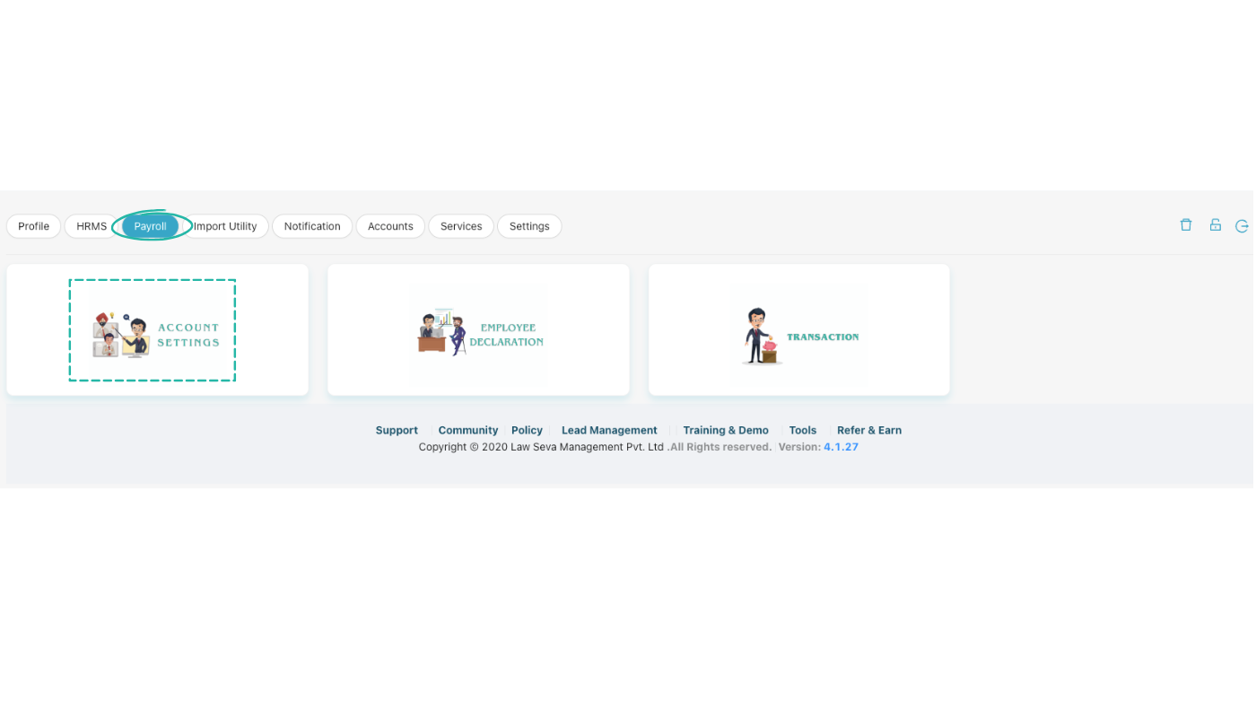 Payroll tab selected with Account Settings card highlighted
