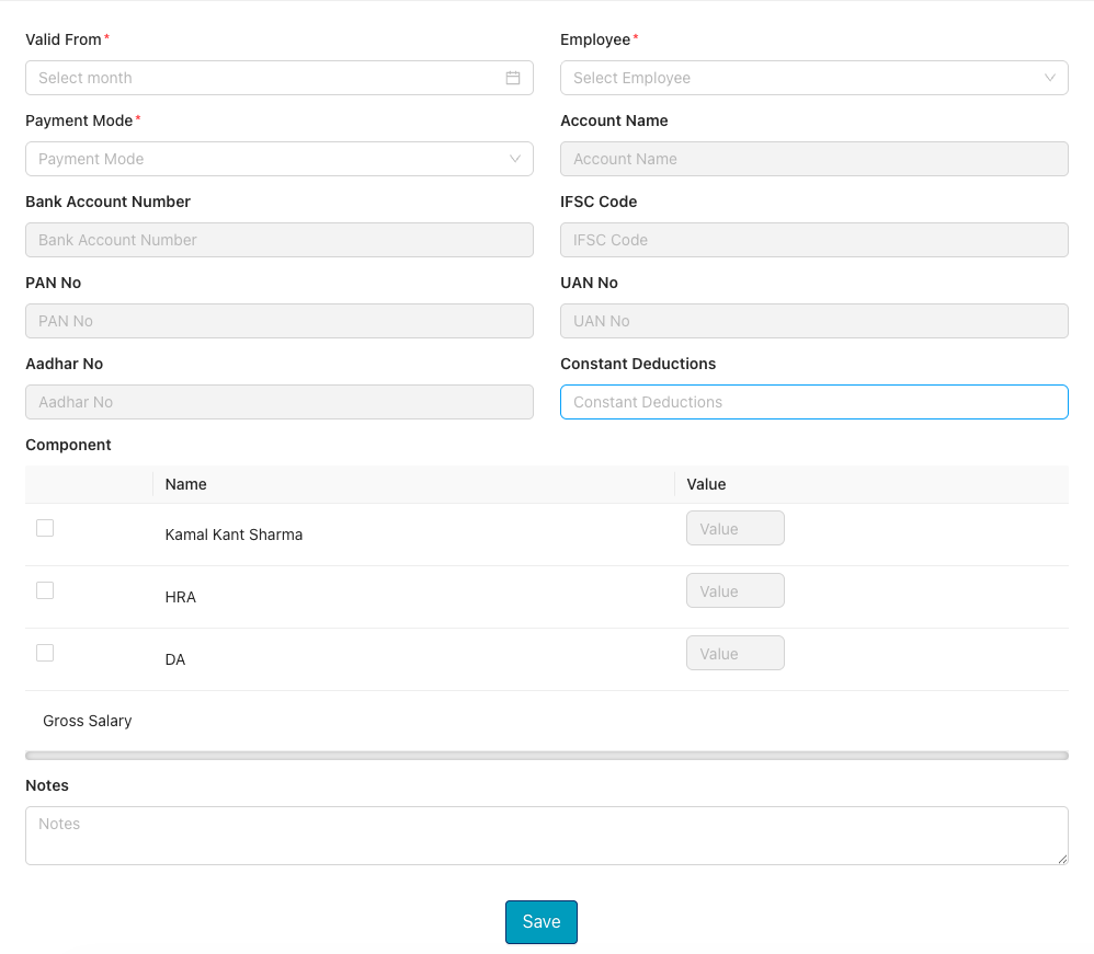 Pay details form with Valid From, Employee, Payment Mode, bank details, Component table and Save button