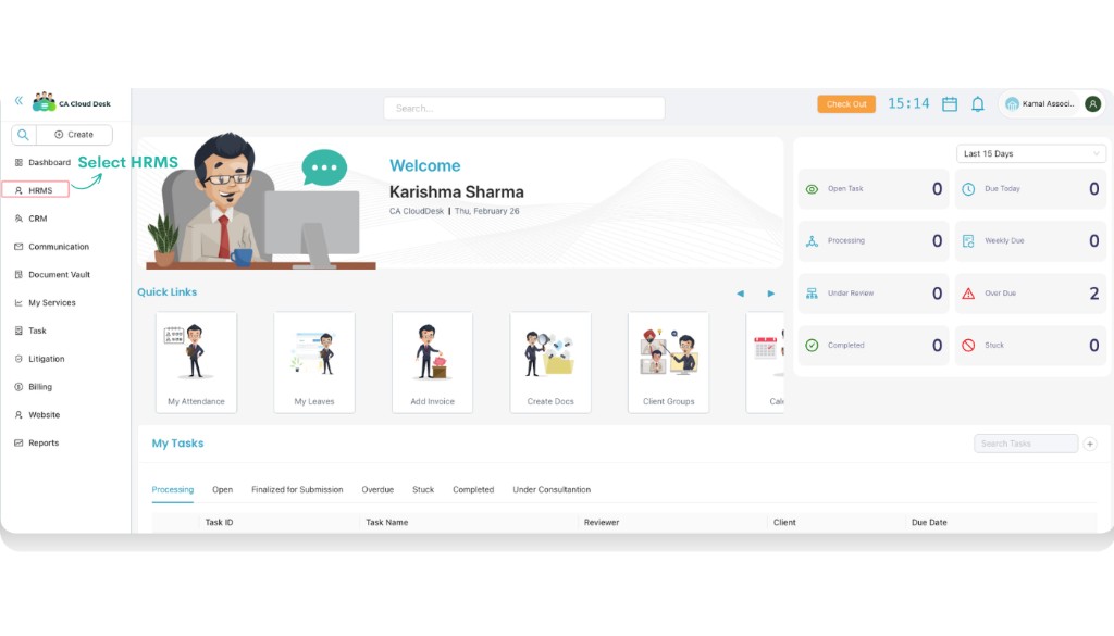 Dashboard left panel with HRMS highlighted