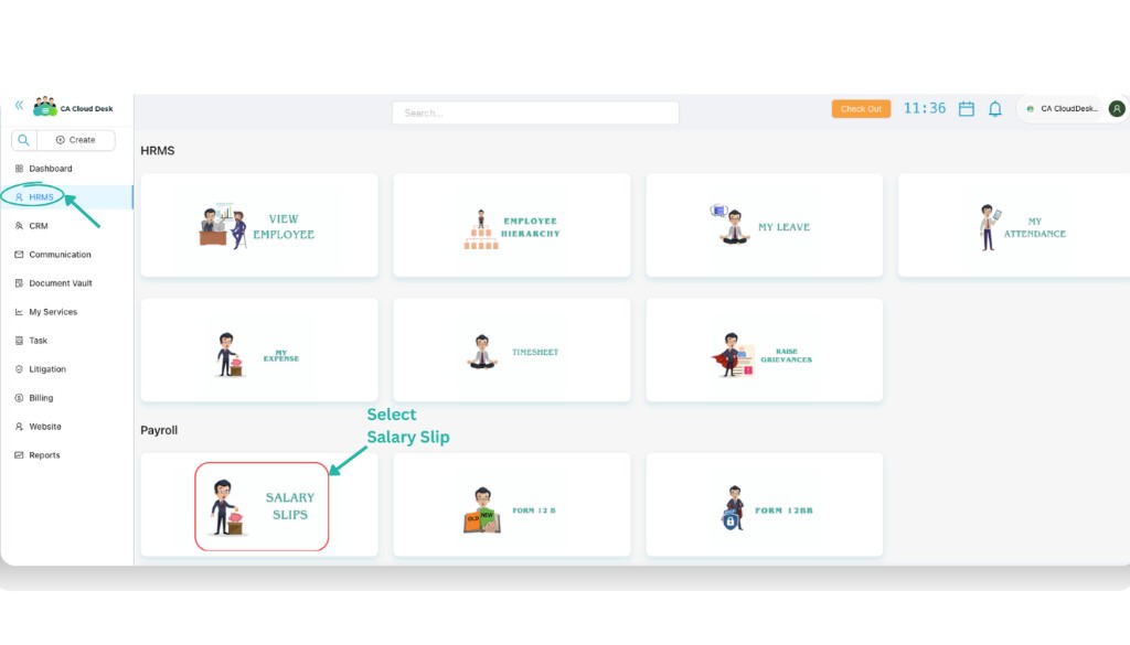 HRMS screen with Salary Slips card highlighted under Payroll