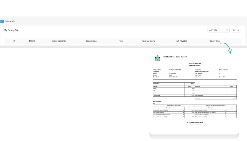 Salary Slips list with slip preview on right side