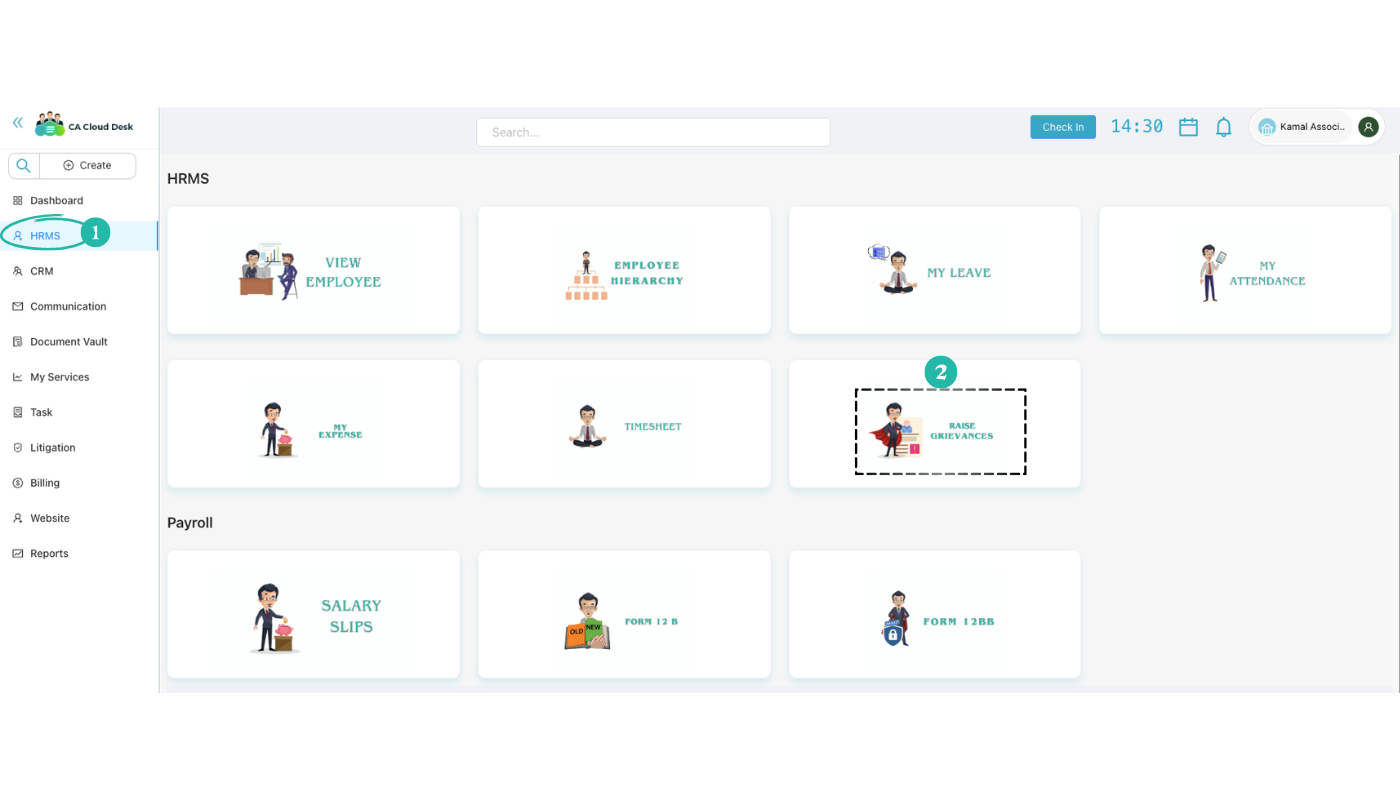 Dashboard with HRMS selected and Raise Grievances card