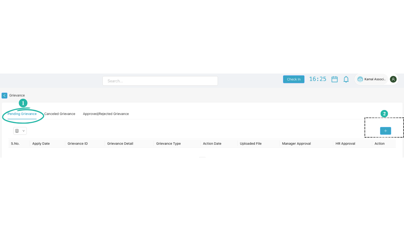 Grievance screen with tabs and table, plus icon to add