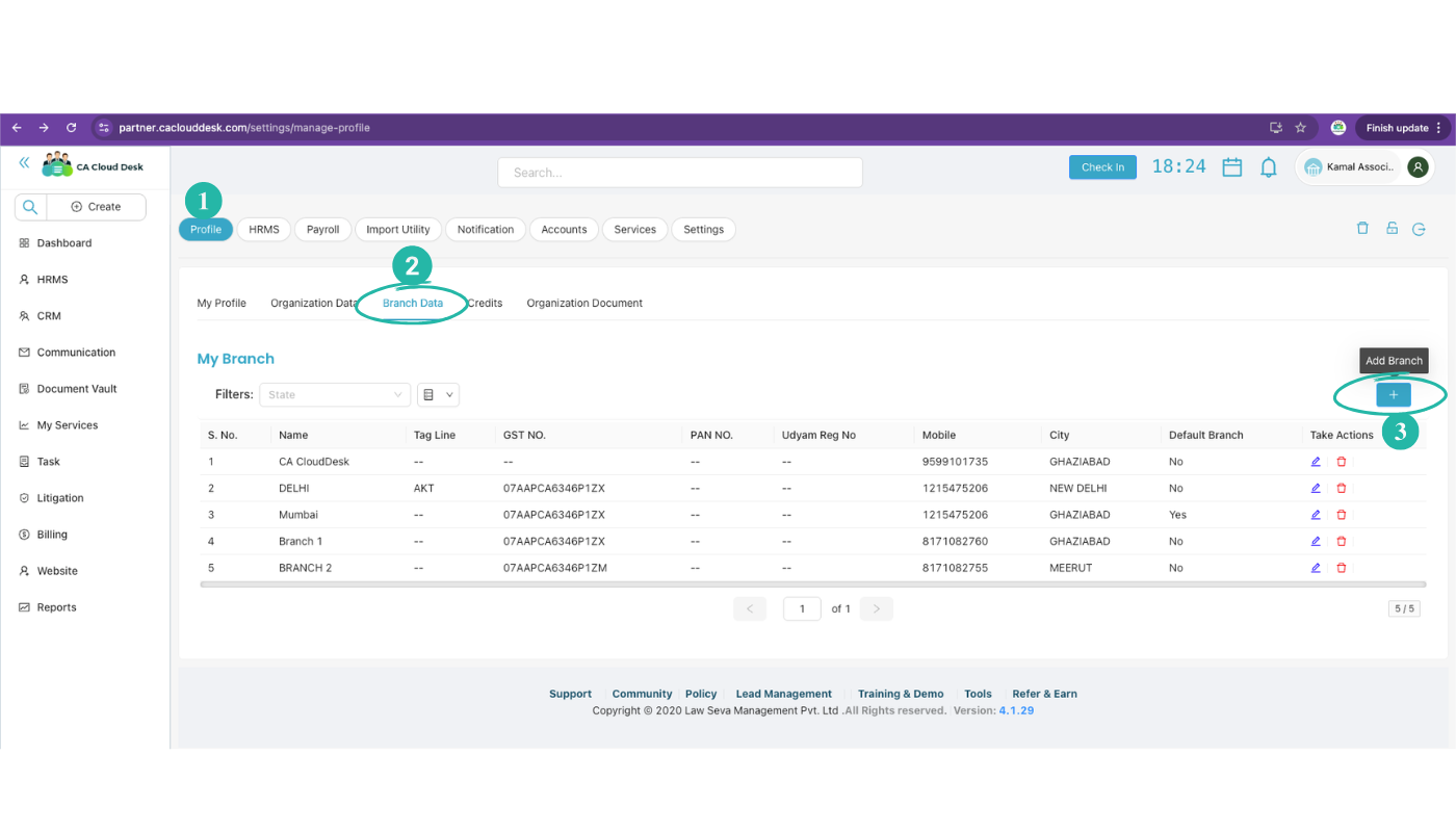My Profile page with Branch Data tab