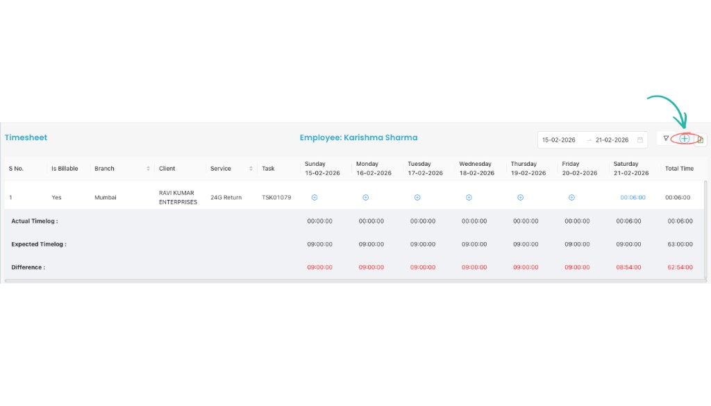 Employee timesheet summary with date range and Add button